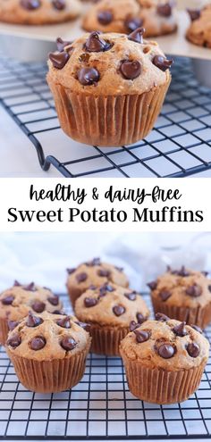 sweet potato chocolate chip muffins on a black cooling rack. Potato Fudge, Healthy Sweet Potato Muffins, Potato Hummus, Sweet Potato Chocolate, Gluten Free Sweet Potato, Potato Muffins, Sweet Potato Muffins, Muffins Vegan, Yummy Sweet Potatoes