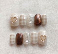 Korean Nails, Minimal Nails, Pretty Gel Nails, Really Cute Nails, Gold Hearts, Pearl Nails, Cute Gel Nails