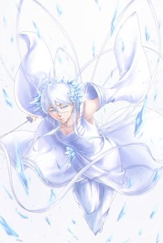 an anime character with white hair and blue eyes is flying through the air while surrounded by water droplets