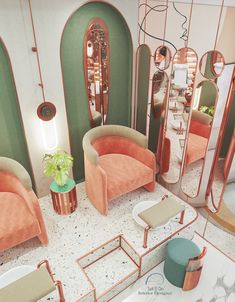 a living room filled with furniture and mirrors