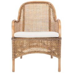 a wicker chair with white cushions on it's back legs and armrests