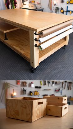 two pictures of a workbench with drawers on each side