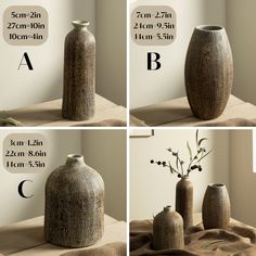 four different vases are shown with their measurements