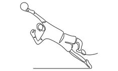 a continuous line drawing of a person jumping in the air with a ball on their feet