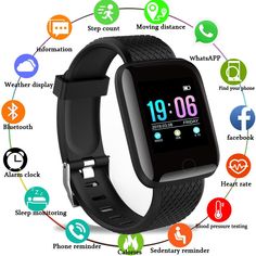 an image of a smart watch with many different icons around the clock and instructions on how to use it