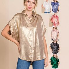 F00252168-302 Gold Button-up Top For Summer, Spring Gold Button-up Shirt, Chic Gold Button-up Top, Gold Trendy Button-up Top, Trendy Gold Button-up Top, Gold Short Sleeve Top For Summer, Casual Gold Shirt For Fall, Casual Gold Shirt For Spring, Chic Gold Collared Top