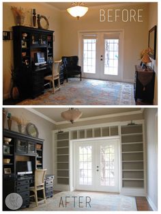 before and after pictures of a living room with built - in bookcases, carpeted floor