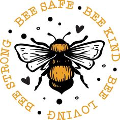 the bee safe bed and breakfast logo is shown in black and yellow, with hearts around it