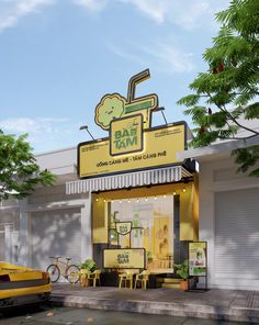 an artist's rendering of the outside of a small restaurant with yellow tables and chairs