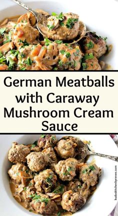 german meatballs with caraway mushroom cream sauce in a white bowl on a table