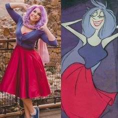 a woman with purple hair standing next to an image of snow white and the seven dwarfs