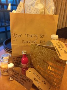 a brown paper bag sitting on top of a table filled with bottles and condiments