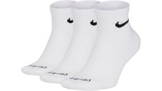 Put your best foot forward with the Nike Everyday Plus Cushion Ankle Training Socks 3-Pack. Featuring sweat-wicking Dri-FIT technology in a 1/4-length silhouette for a comfortable fit around the ankle and an arch band contours around the foot for a locked in fit. FitRegular sock fitSocks sit right above the ankleTechnologyDri-FIT technology helps you stay dry and comfortableDetails3-Pack of socksBreathable fabric at the top of the foot adds ventilationArch band contours around the foot for support1/4-length silhouette provides a comfortable fit around the ankleMachine wash. | Nike White Everyday Plus Cushion Ankle Training Socks (3 ct) (Large) | Dick's Sporting Goods Ankle Training, Nike White, White Nikes, Dri Fit, Comfort Fit, Socks, Thing 1, Train, Cushions