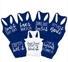 six women's sports bras with white lettering on them