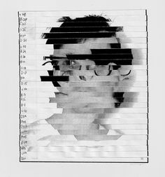 a black and white photo of a man's face with glasses on top of strips of paper