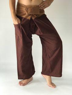 "Unisex Thai fisherman pants. One size fits all. You can wear in many occasions, casual wear, yoga wear, maternity wear, relax at home, travel etc. If you are looking for some pants that you can wear everywhere, comfortable, relax and Easy to wear. Thai fisherman pants is Answer!! Nice gift for yourself or your lover One pocket on the side for storing your items such as wallets, mobile phones, etc Approx. Measurements: One size can fits most and 1 Pockets Measurement Waist 27\" (69 cms) Length 4 Pantalon Thai, Thai Fisherman Pants, Fisherman Pants, Wrap Pants, Unisex Pants, Lower Leg, Pantalon Large, Pants Wide Leg, Maternity Wear