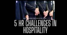 five people in graduation robes with the words 5 hrr challenges in hospitality on them