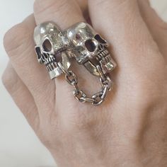 Awesome Vintage Designer Gorden Smith G&S Double Skull & Chain Biker/Goth Silver Oversized Ring- Size 8. The Two Skulls Are Connected With A Hanging Chain. Face Measures Approximately 1.75" X 1.5". Lots Of Markings Inside Of Ring! G&S For Gordon Smith, "9", And 1984. Chunky Silver Ring, Oversized Ring, Chunky Silver Rings, Silver Skull Ring, Biker Jewelry, Shooting Star, Skull Ring, Shooting Stars, Vintage Designer