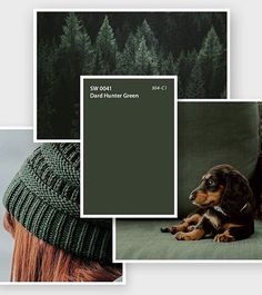 a woman wearing a green hat with trees in the background and photos of her dog