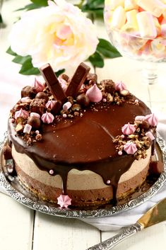 a chocolate cake sitting on top of a table