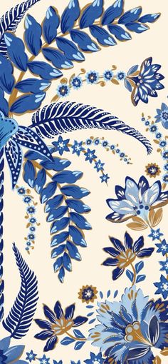 blue flowers and leaves on a white background with gold trimmings in the center