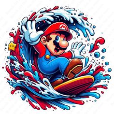 an image of mario on a surfboard with splashing water around him and the words super mario written below it