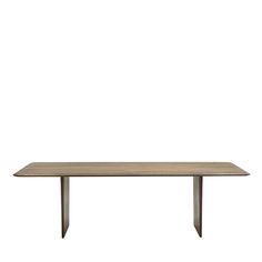 a rectangular wooden table with metal legs on a white background, viewed from the front