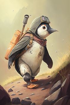 a penguin with a backpack and hiking gear on it's back walking up a hill