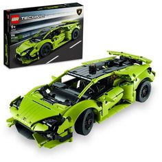 a green lego car with its hood open