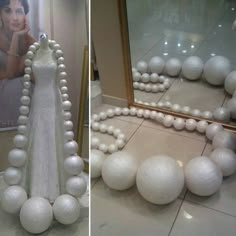 two pictures of a dress made out of white balls and pearls on display in front of a mirror