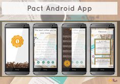 three smartphones with the text pact android app on them and coffee beans next to them