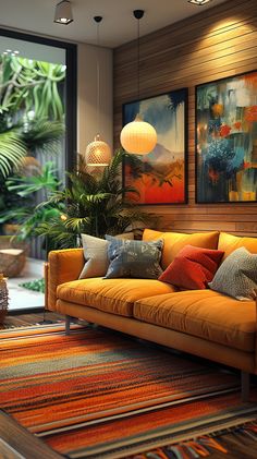 a living room filled with furniture and lots of plants in front of a large window