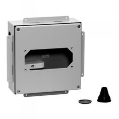 an electronic device is shown with its cover open and two black cones around the enclosure