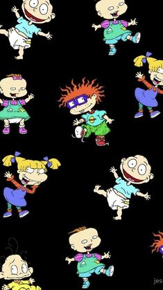 the rugrats are dancing together in different positions on a black background with red hair and blue eyes