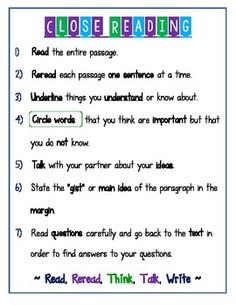 close reading worksheet with the words close reading and an arrow pointing to it