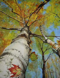 an oil painting of trees with leaves on them