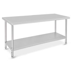 a stainless steel table with two shelves on each side and one shelf below it for storage