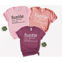 Funtie Definition Shirt, Auntie Shirts, Aunt Shirt, Mother's Day Shirt, Gift For Aunt, Aunt Birthday Shirt, Funny Aunt Tee, New Nephew Gift We wish everyone to smile with our cute, stylish, and trendy graphic T-shirts. We assure you this shirt is the perfect gift whether you buy it for yourself or someone else. Black text is only used for White, Athletic Heather, Baby Blue, Natural, Orange, Yellow, Heather Peach, Pink, Mint, Cancun, Banana Cream, and Desert Pink colored shirts. White text is use Funny Aunt Shirts For Babies, Fun Short Sleeve Shirt For Gift, Funny Shirt With Print For Mother's Day, Funny Print Shirt For Mother's Day, Fun Pink Shirt With Funny Text, Pink Tops With Funny Text, Funny Print Shirt With Relaxed Fit As Gift, Relaxed Fit Shirt With Funny Print For Gift, Relaxed Fit Shirt With Funny Print As Gift