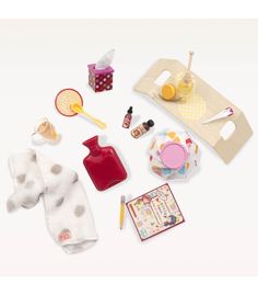 a doll's play kitchen and accessories are shown in this image on a white background