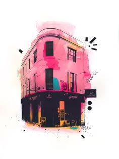 a painting of a pink building with a clock on it's front and side