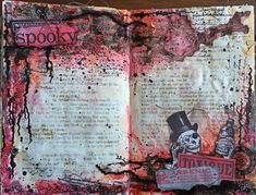 an altered book is open to reveal the pages and features images of skulls, bones, and other things