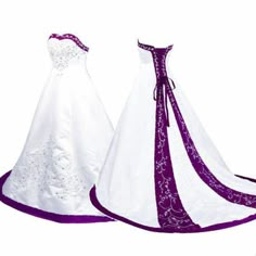 two white and purple wedding gowns are shown in front of each other, one is wearing