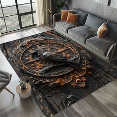 a living room area rug with a large clock on the floor next to a couch