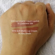 @nyxcosmetics 1.Lip Lingerie Liquid Lipstick 18 Cashmere Silk 2.Soft Matte Lip Cream 06 Abu Dhabi Nyx Matte Lip Cream, Nyx Matte, Matte Lip, Matte Lips, Lipsticks, Liquid Lipstick, Abu Dhabi