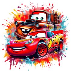 the character cars from disney pixama is painted in red and yellow with paint splat