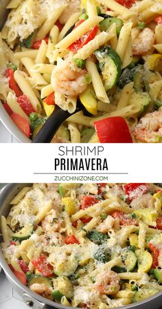 shrimp, zucchini and pasta in a skillet with the words shrimp prima veggie