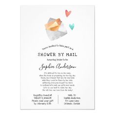 a wedding shower by mail card with hearts and watercolors on the front, in white