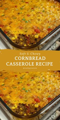 cornbread casserole recipe is shown in two separate pans with the same topping