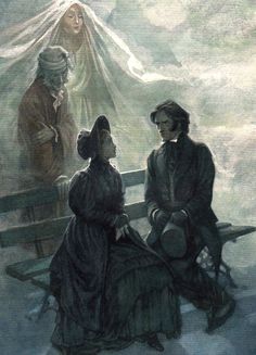 two people sitting on a bench in front of a man and woman with a veil over their heads