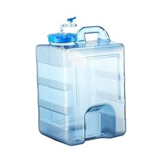 a large plastic container with a blue lid and handle on the side, holding a water bottle